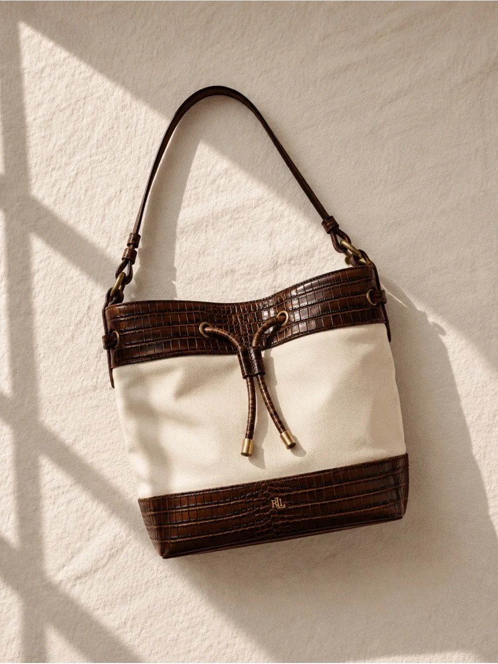 Ralph Lauren Cream Canvas Croc Embossed Leather Shoulder Bag